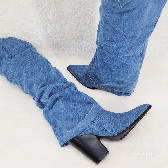 Rough Cut Denim Skirted Fold Over Country Western Knee High Cowgirl Boots - Picture 4 of 11